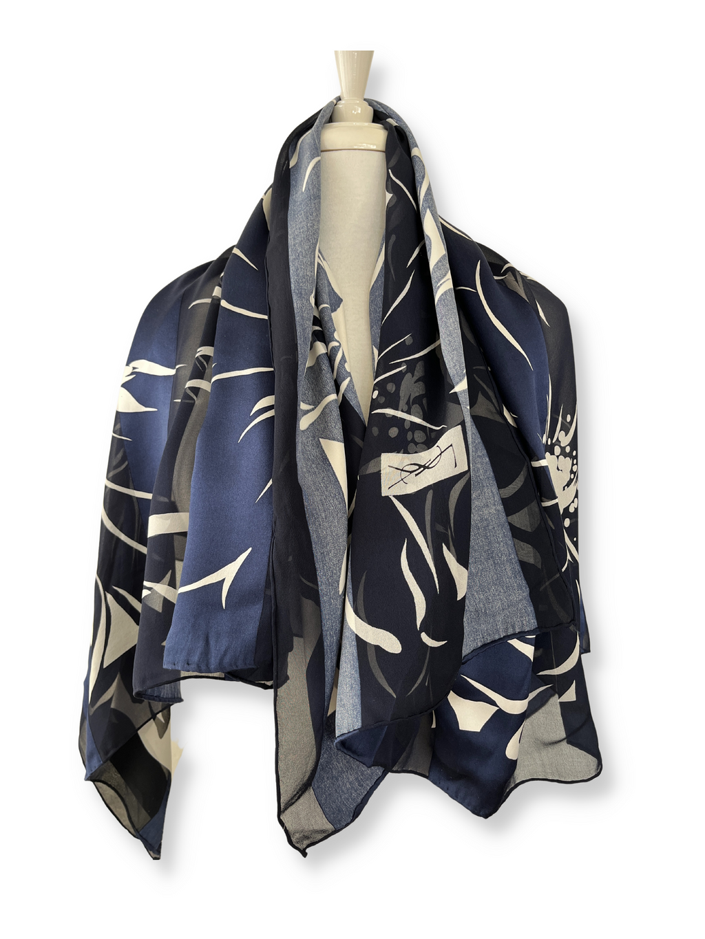 YSL - VINTAGE BLUE WHITE SILK FLORAL PRINT SILK SHAWL