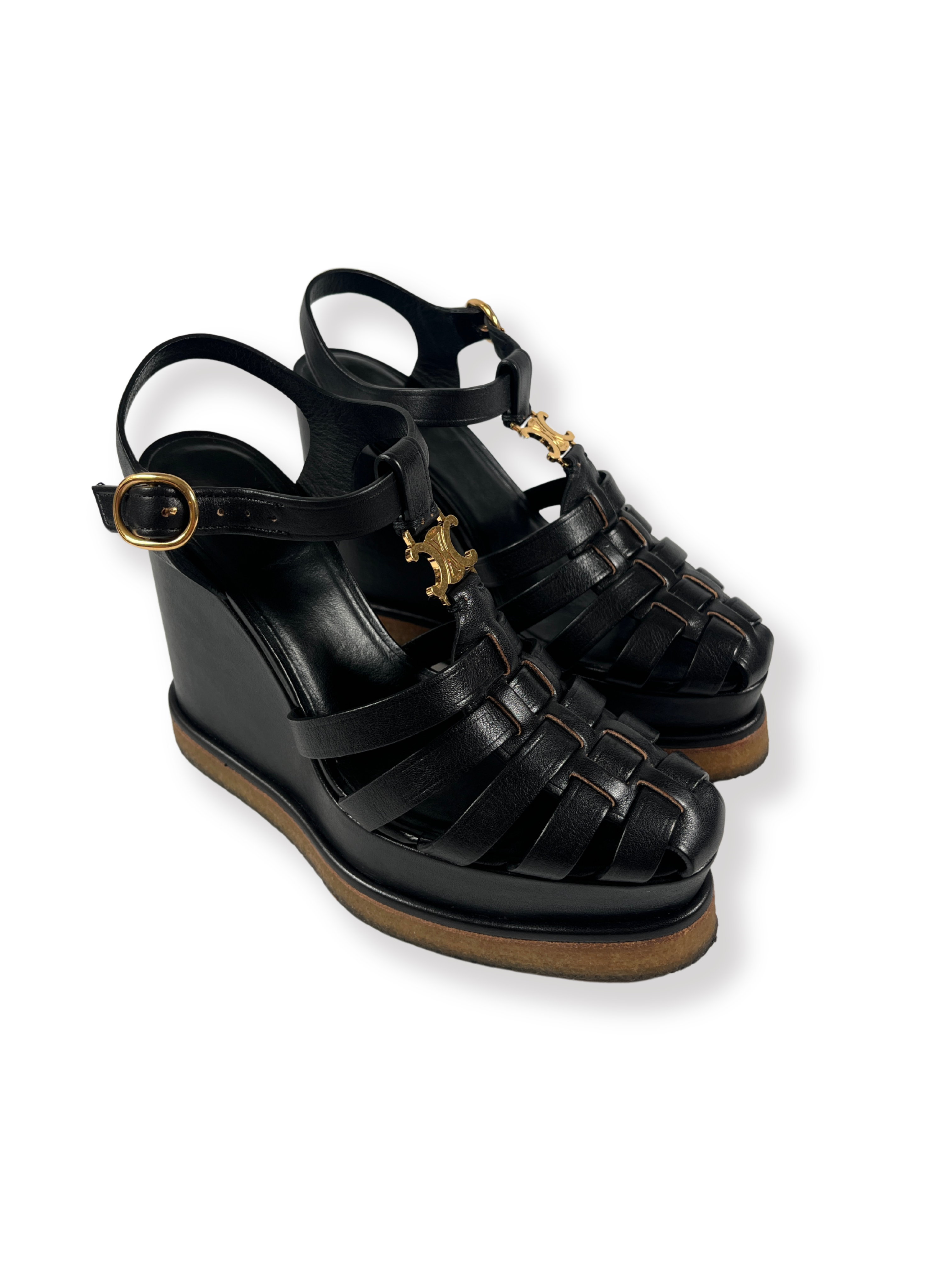 靴 CELINE strap wedge sandal 95mm 36 CELINE - TRIOMPHE WEDGE SANDAL IN BLACK - SZ 35 – RE.LUXE AU