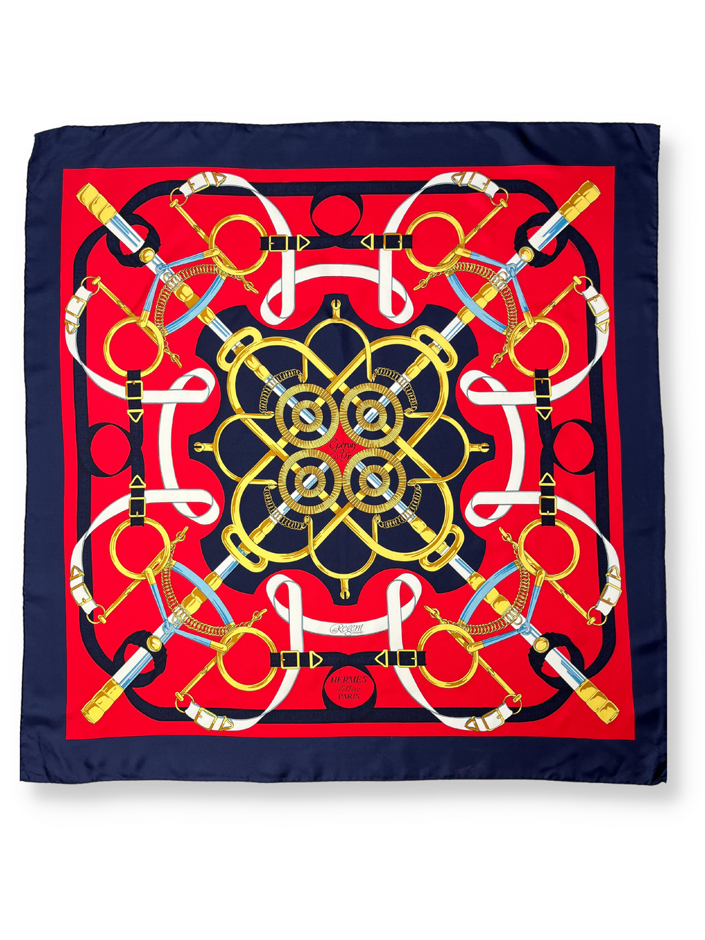 HERMES - NAVY & RED EPERON D'OR SILK SCARF