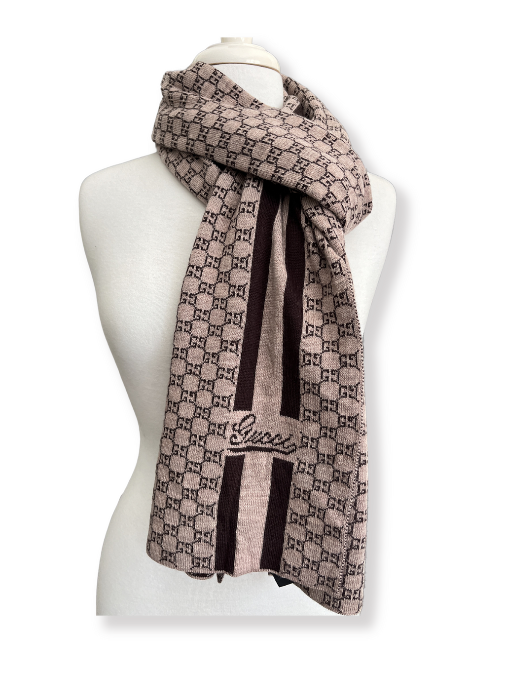 GUCCI - BROWN & TAUPE GG KNIT WOOL SCARF - 90 X 200 CM