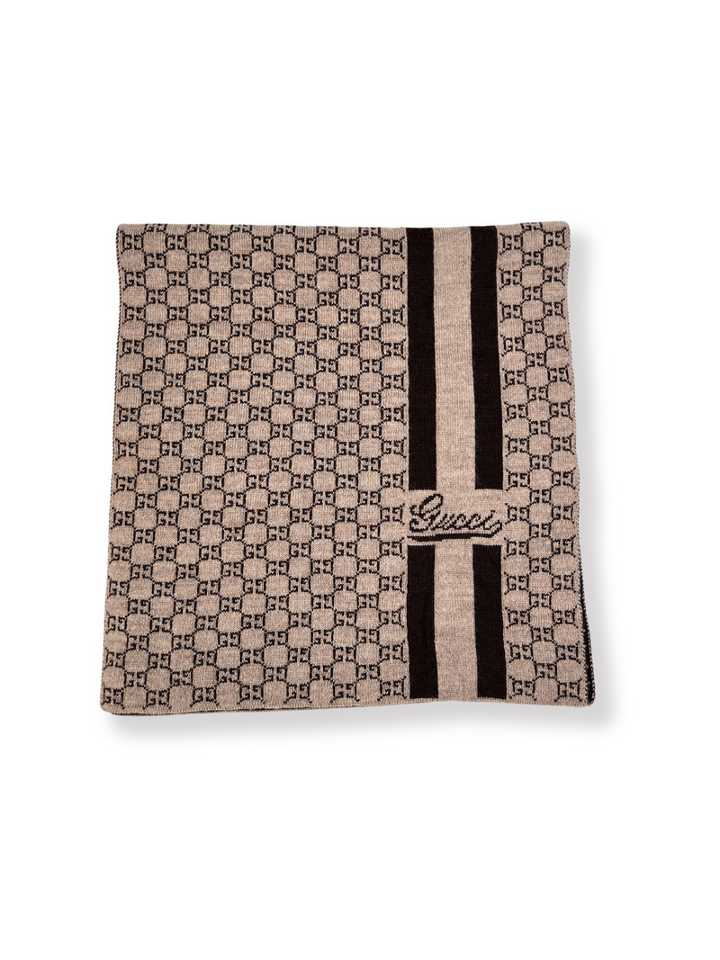 GUCCI - BROWN & TAUPE GG KNIT WOOL SCARF - 90 X 200 CM