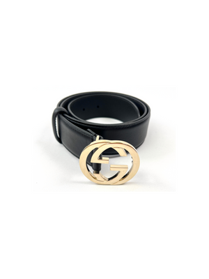 GUCCI - INTERLOCKING GG BLACK LEATHER BELT - SZ 80 / 32