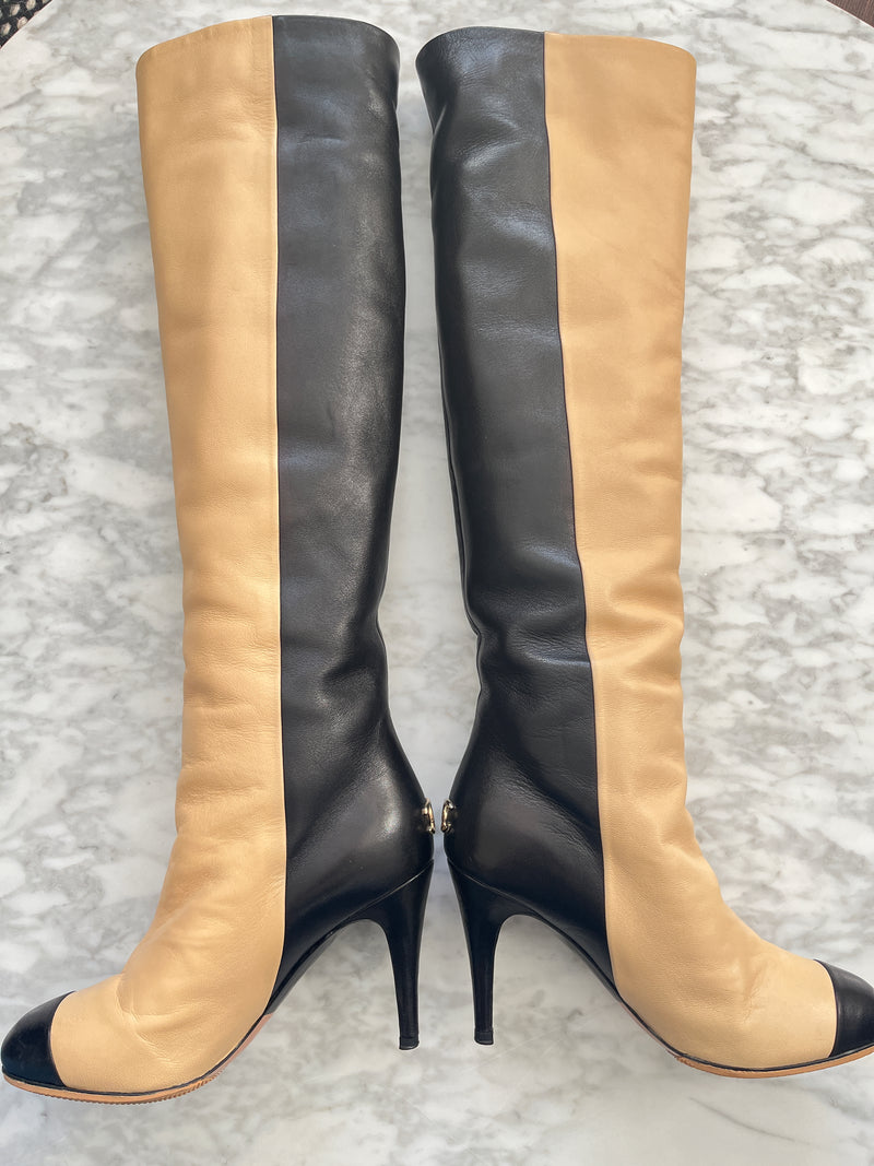 CHANEL - TWO TONE KNEE HIGH BOOTS - SZ 34.5