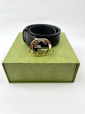 GUCCI - INTERLOCKING GG BLACK LEATHER BELT - SZ 80 / 32