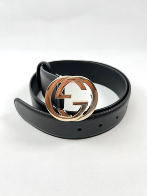 GUCCI - INTERLOCKING GG BLACK LEATHER BELT - SZ 80 / 32