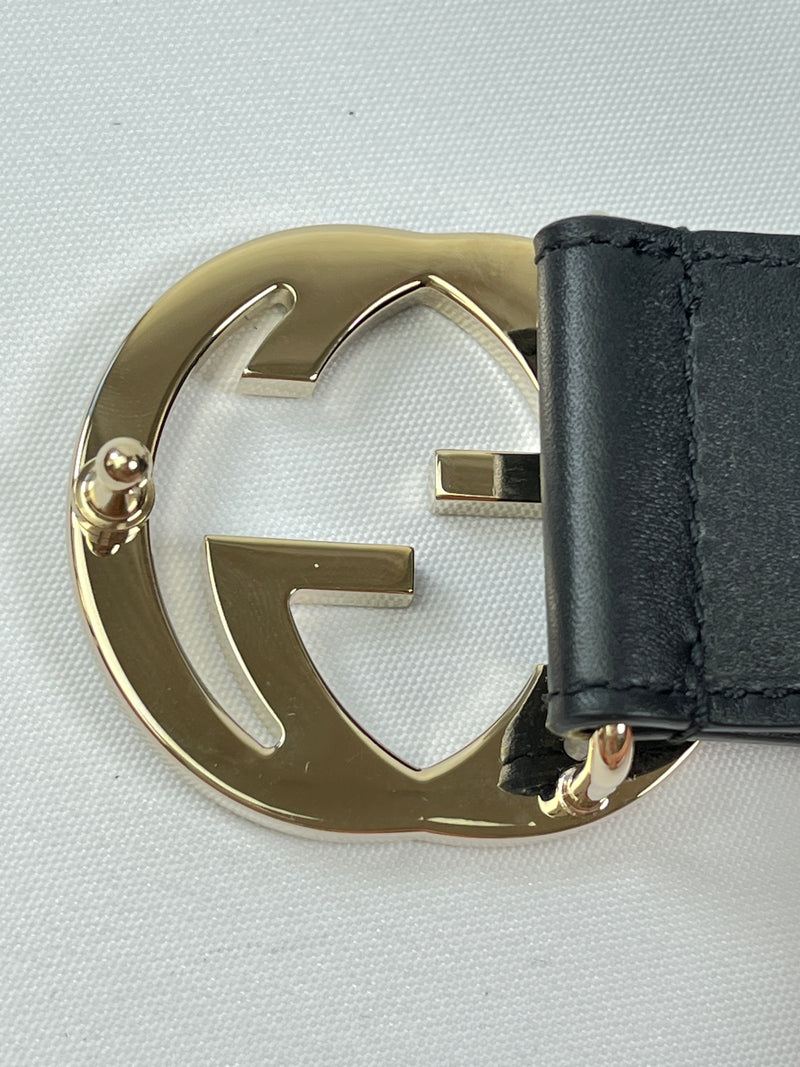 GUCCI - INTERLOCKING GG BLACK LEATHER BELT - SZ 80 / 32