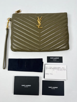 SAINT LAURENT - KHAKI MONOGRAM SMALL QUILTED POUCH