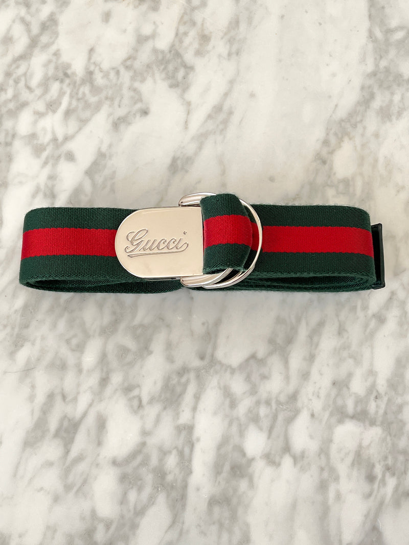 GUCCI - GREEN & RED WEB D-RING BUCKLE BELT - SZ 110/44
