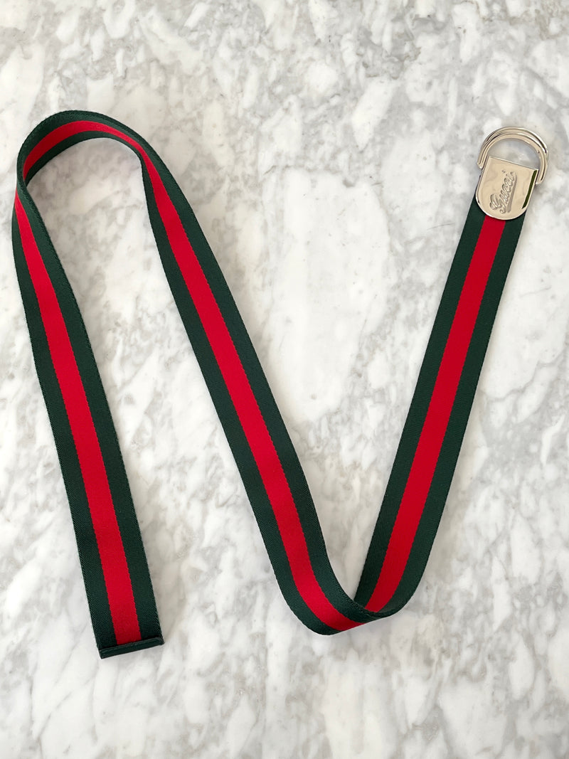 GUCCI - GREEN & RED WEB D-RING BUCKLE BELT - SZ 110/44