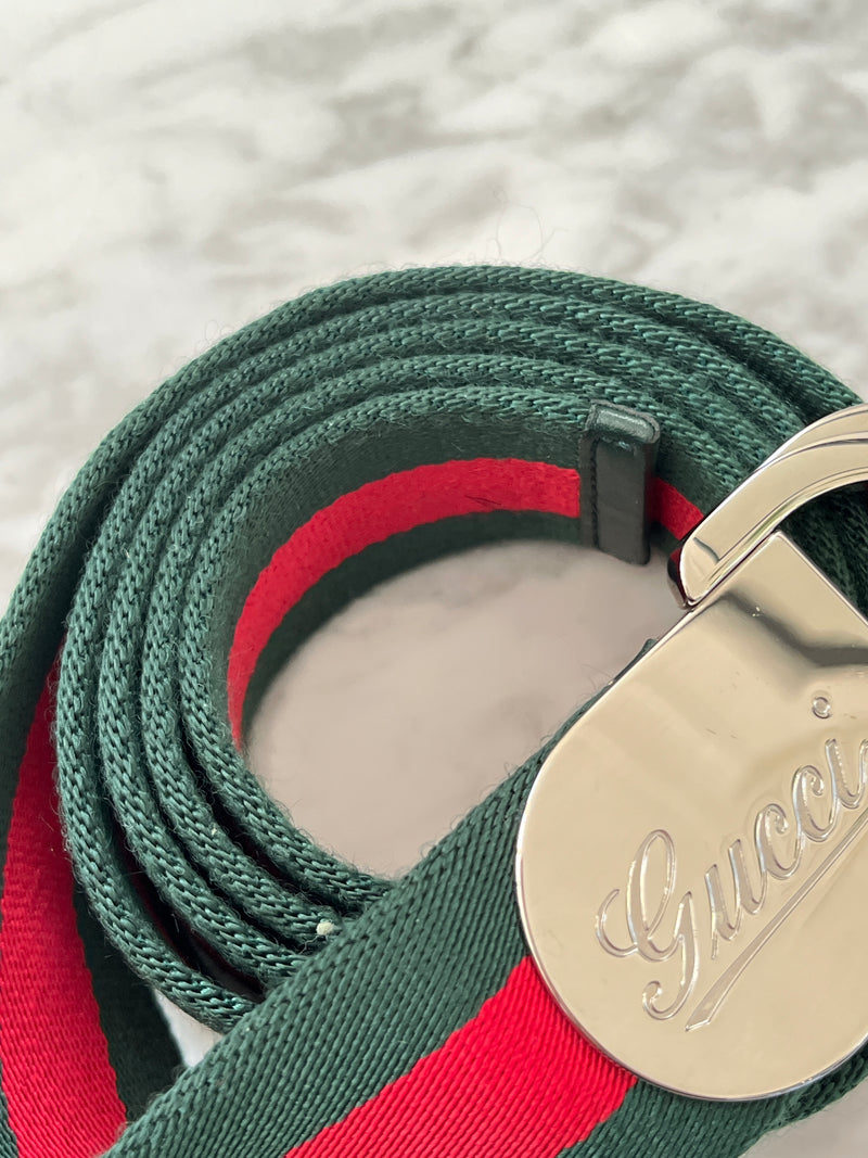 GUCCI - GREEN & RED WEB D-RING BUCKLE BELT - SZ 110/44