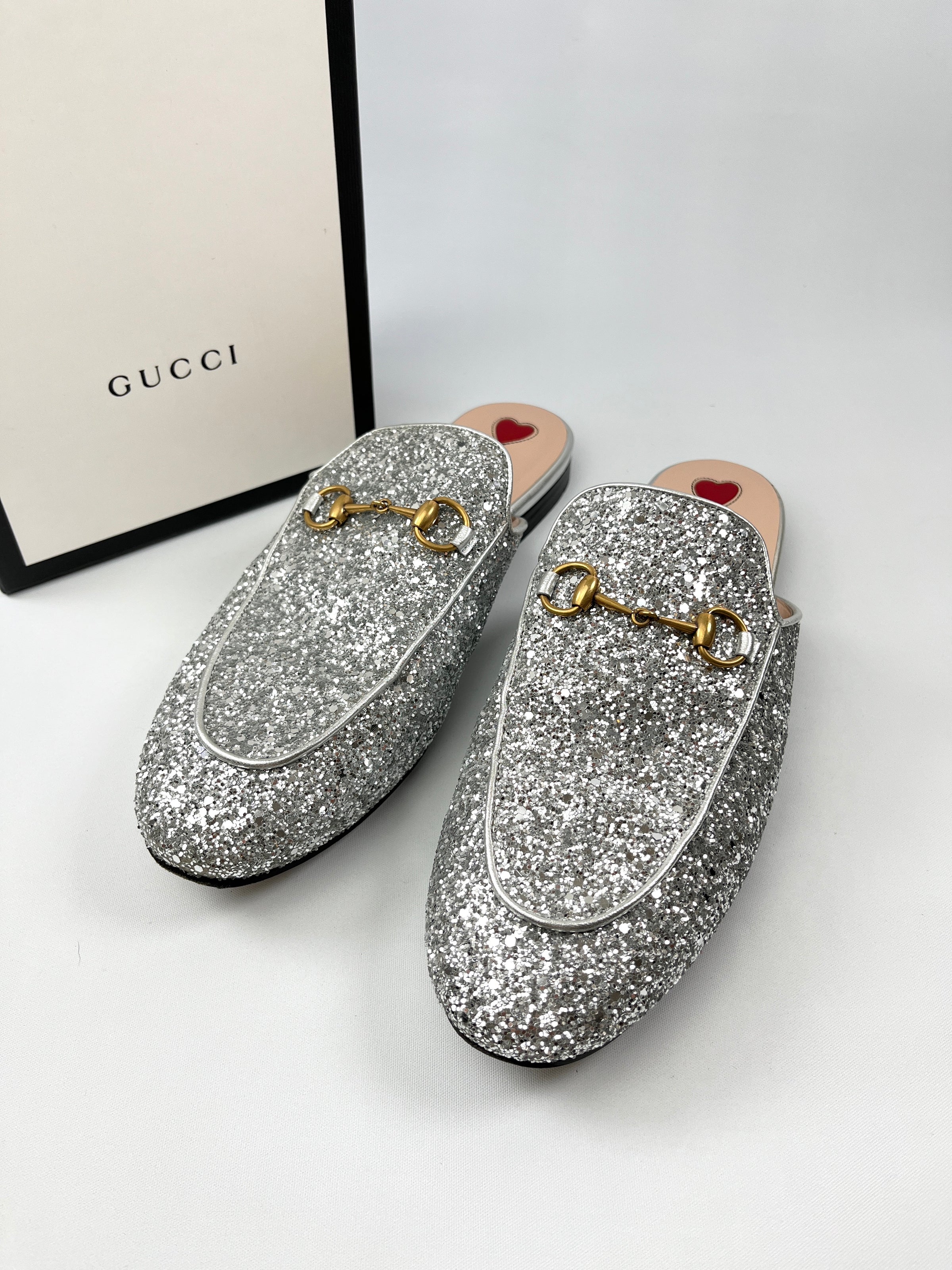 GUCCI SILVER GLITTER PRINCETOWN SLIPPERS SZ 40 RE