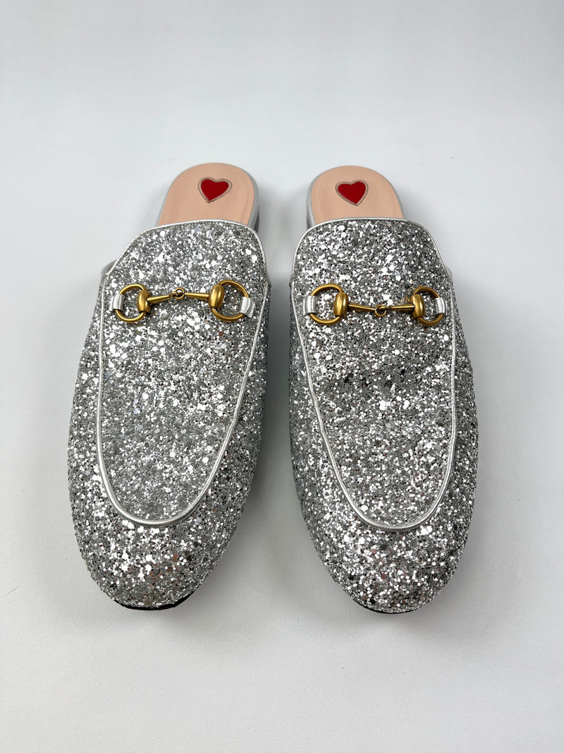 GUCCI - SILVER GLITTER PRINCETOWN SLIPPERS - SZ 40