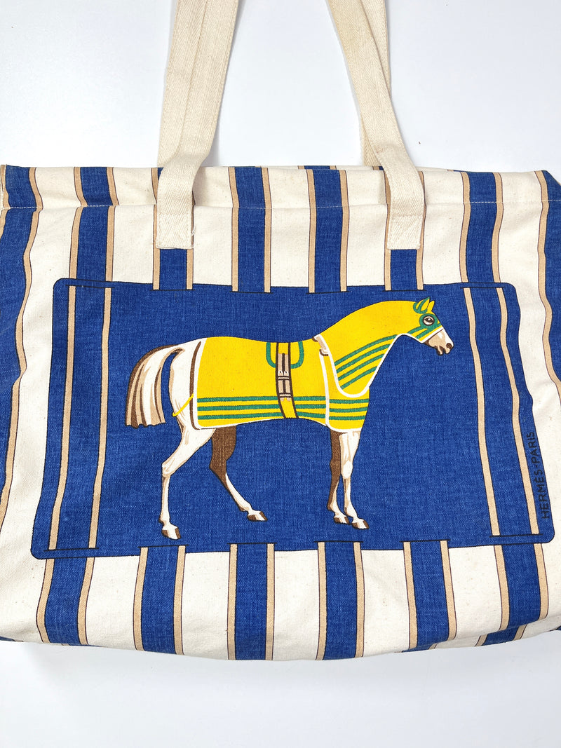 HERMES - HORSE PRINT COTTON CANVAS TOTE - VINTAGE