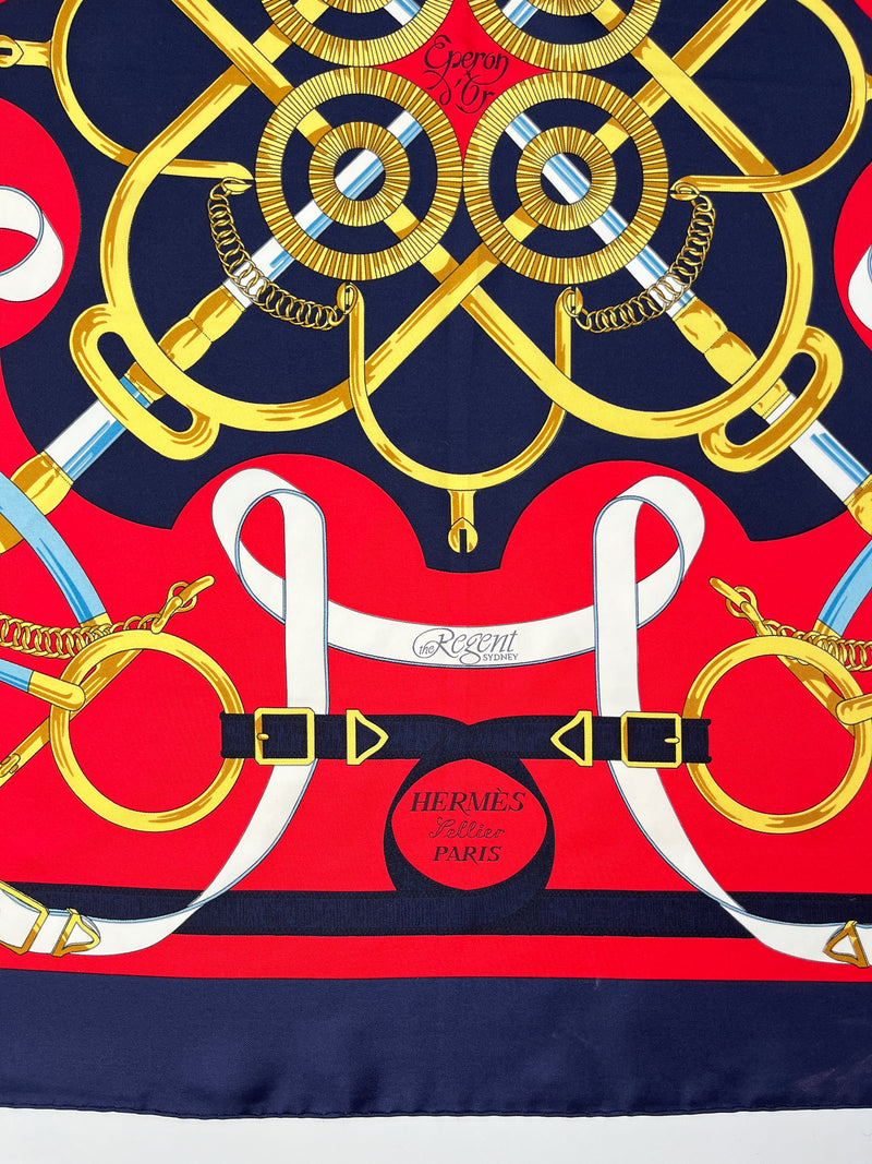 HERMES - NAVY & RED EPERON D'OR SILK SCARF