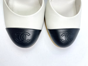 CHANEL - BLACK AND WHITE TOE CAP WEDGE SANDAL - SZ 36 - NEW