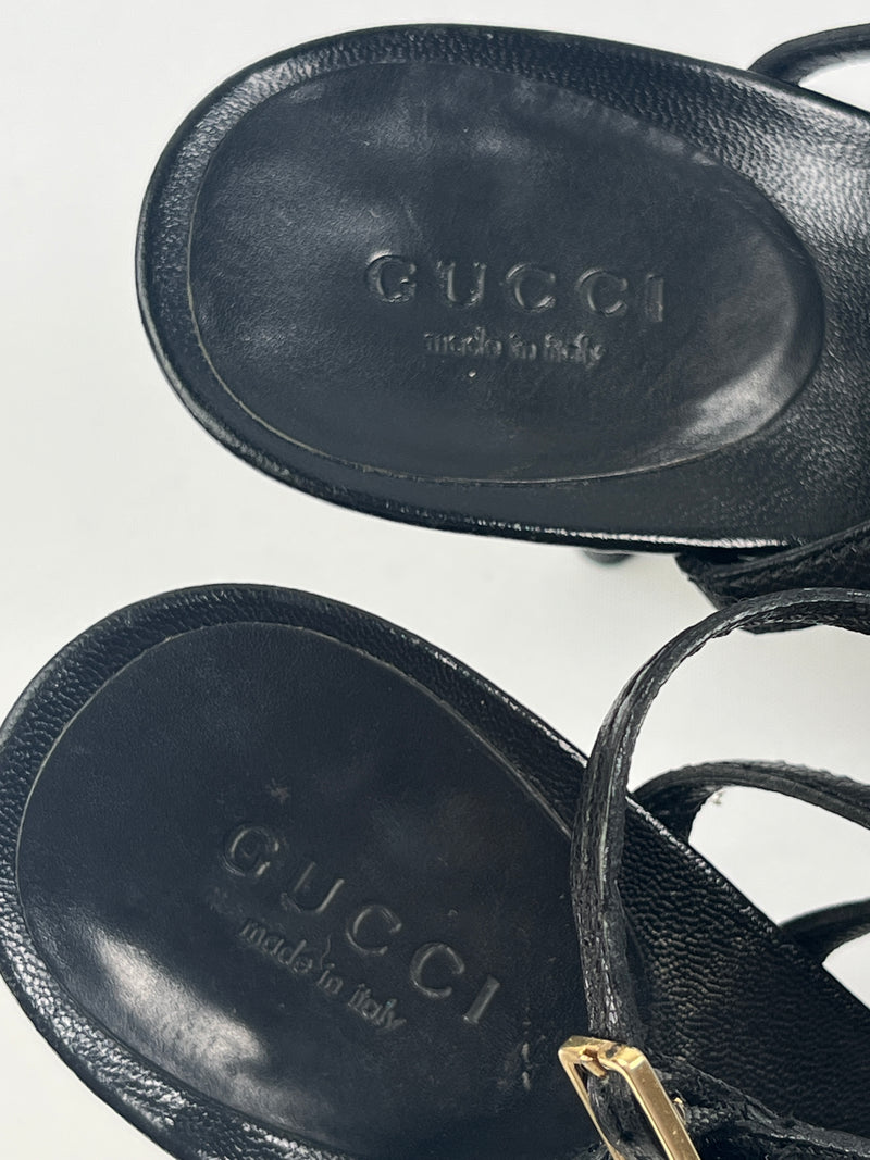 GUCCI  - GG DETAIL BLACK LEATHER STRAPPY HEELS  - SZ IT 39