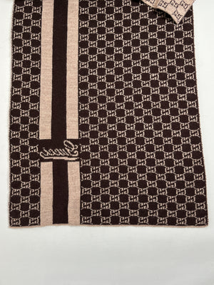 GUCCI - BROWN & TAUPE GG KNIT WOOL SCARF - 90 X 200 CM