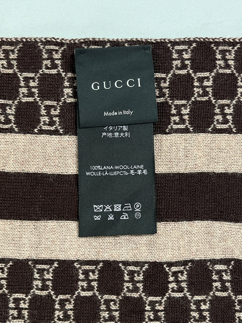 GUCCI - BROWN & TAUPE GG KNIT WOOL SCARF - 90 X 200 CM