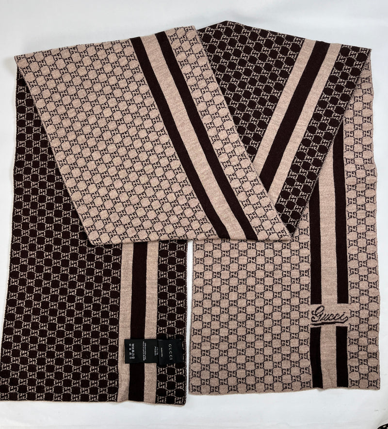 GUCCI - BROWN & TAUPE GG KNIT WOOL SCARF - 90 X 200 CM