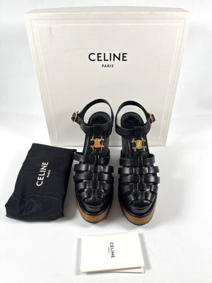 CELINE - TRIOMPHE WEDGE SANDAL IN BLACK - SZ 35