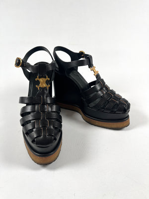 CELINE - TRIOMPHE WEDGE SANDAL IN BLACK - SZ 35
