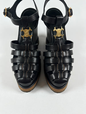 CELINE - TRIOMPHE WEDGE SANDAL IN BLACK - SZ 35