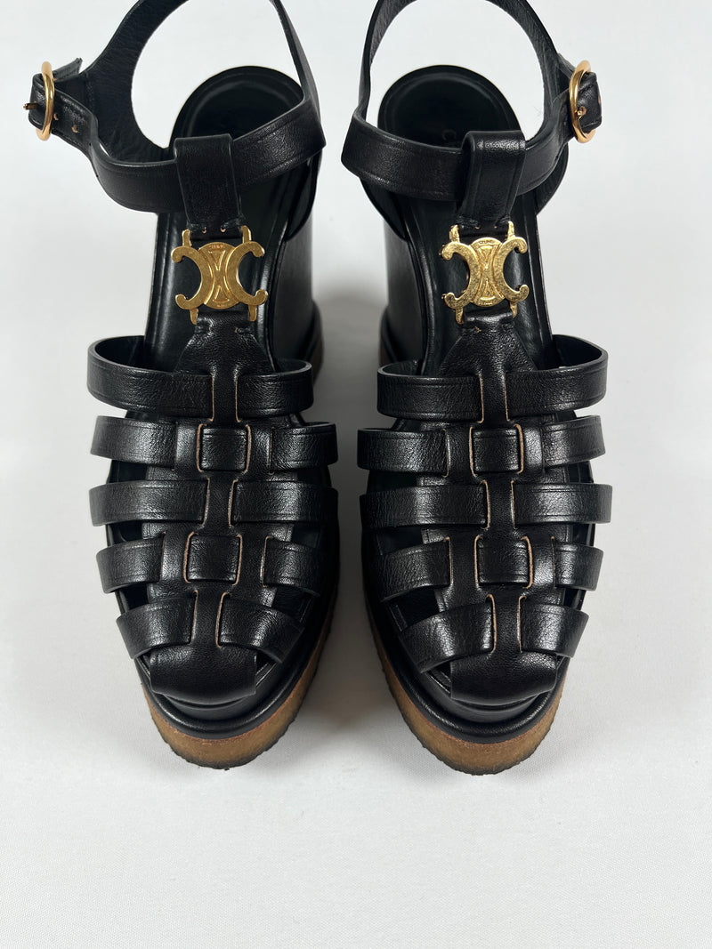 CELINE - TRIOMPHE WEDGE SANDAL IN BLACK - SZ 35