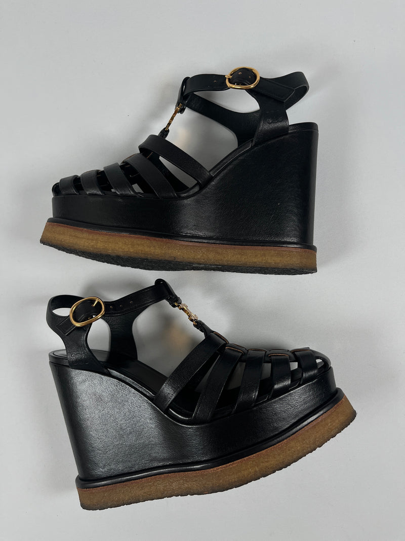 CELINE - TRIOMPHE WEDGE SANDAL IN BLACK - SZ 35