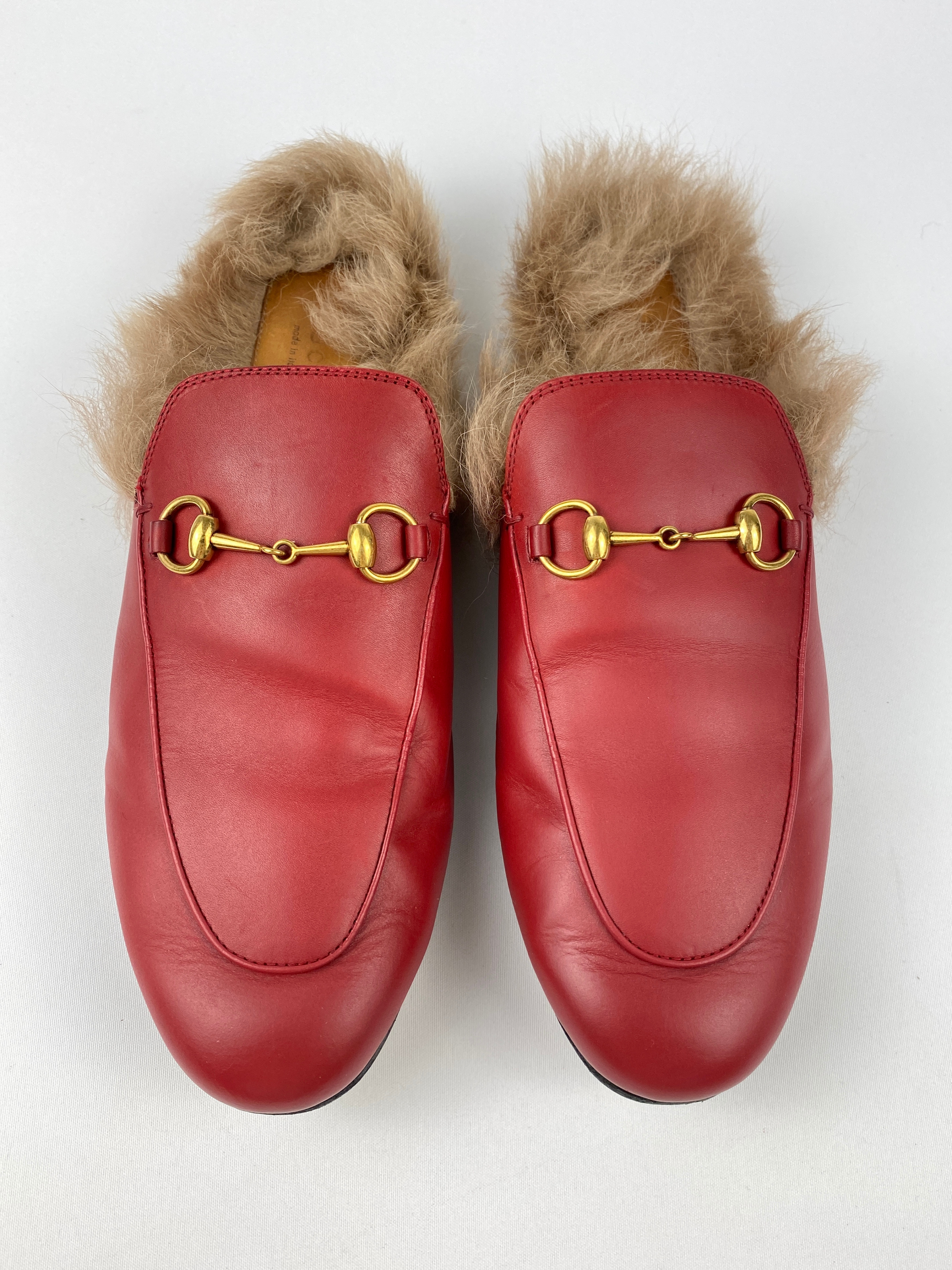 GUCCI RED LEATHER FUR PRINCETOWN MULES SZ 39.5 RE.LUXE AU
