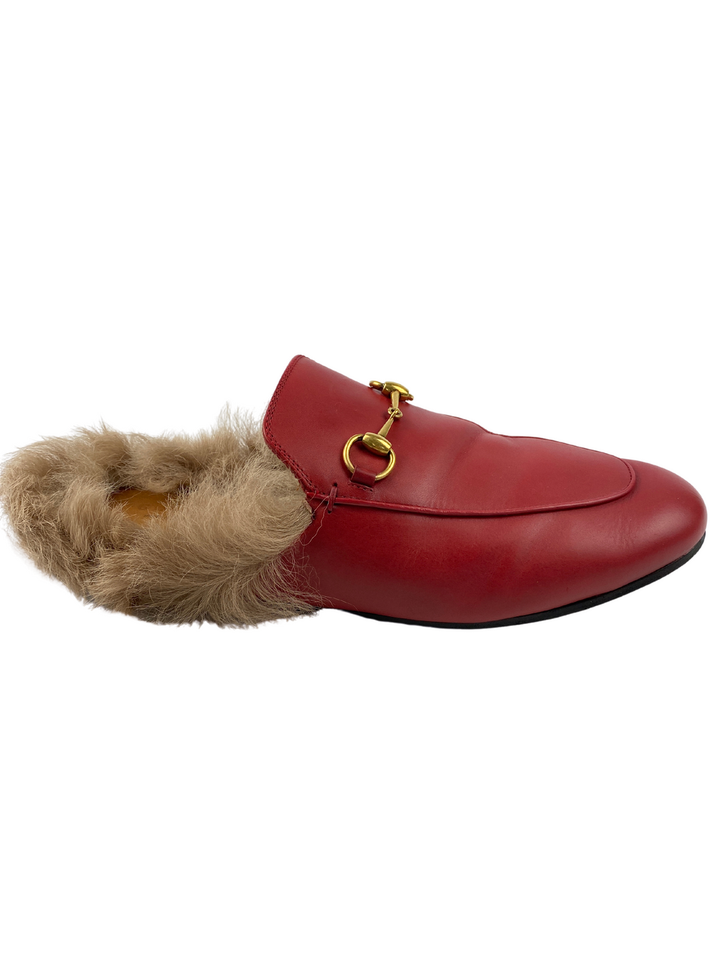 GUCCI - RED LEATHER FUR PRINCETOWN MULES - SZ 39.5