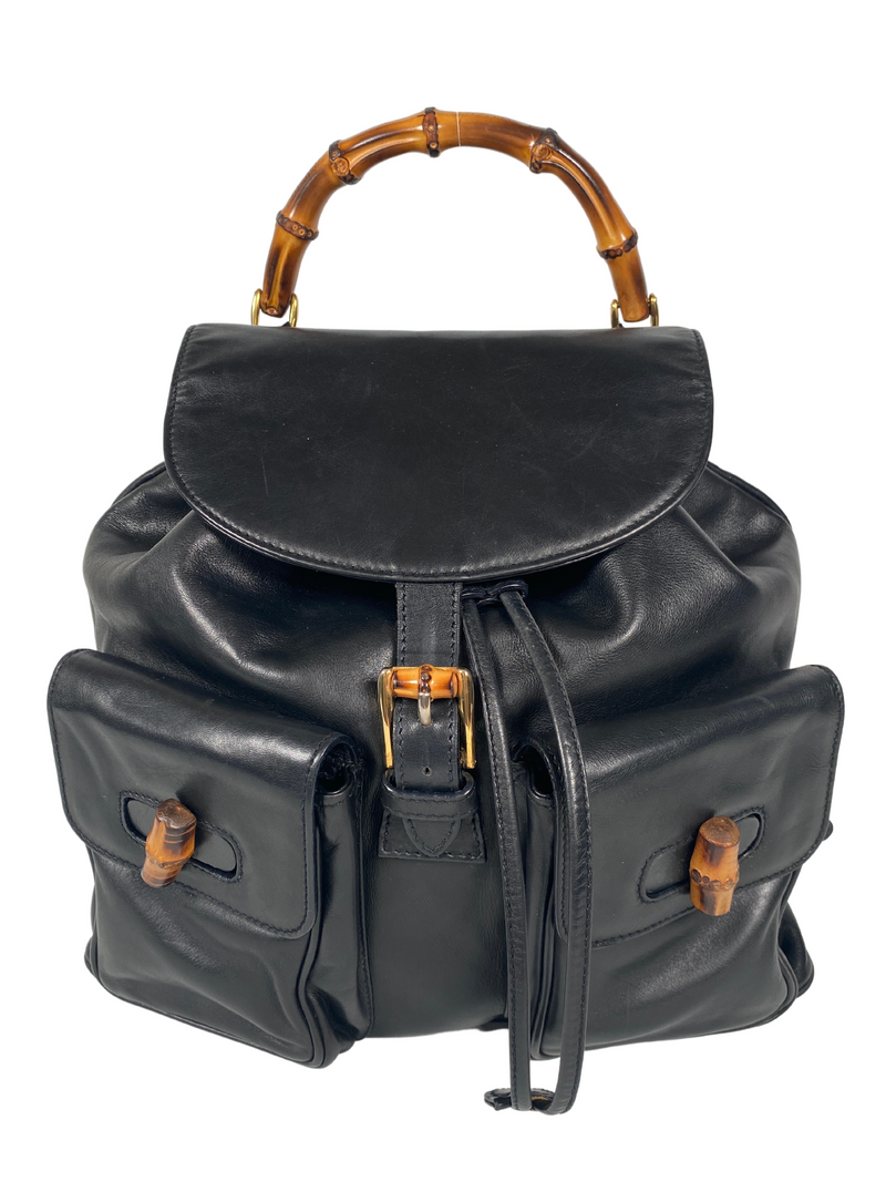GUCCI - BAMBOO HANDLE BLACK LEATHER BACK PACK