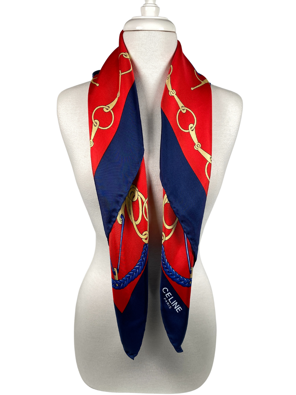 CELINE - RED & BLUE EQUESTRIAN HORSEBIT PRINT SILK SCARF - 86 CM