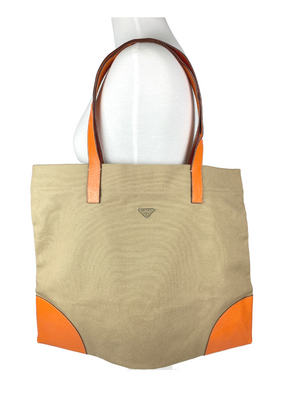 PRADA - BEIGE CANVAS LARGE TOTE ORANGE LEATHER TRIM