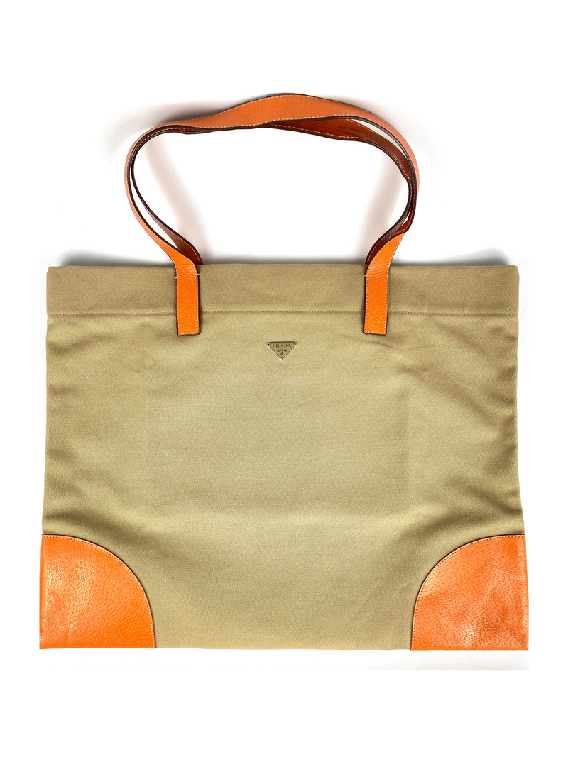 PRADA - BEIGE CANVAS LARGE TOTE ORANGE LEATHER TRIM