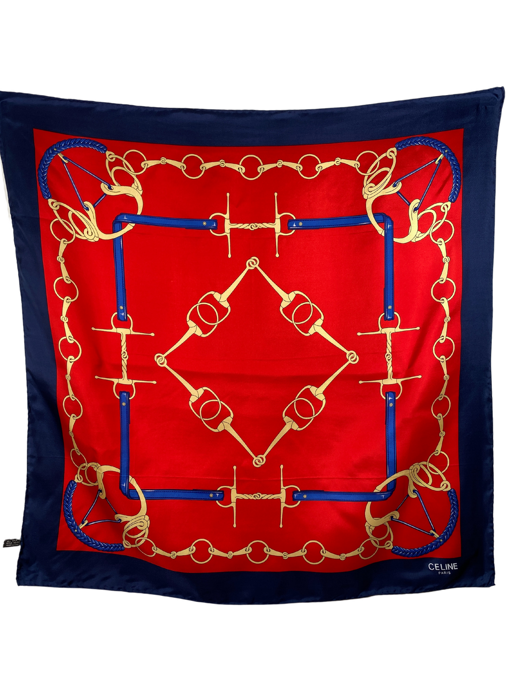 CELINE - RED & BLUE EQUESTRIAN HORSEBIT PRINT SILK SCARF - 86 CM