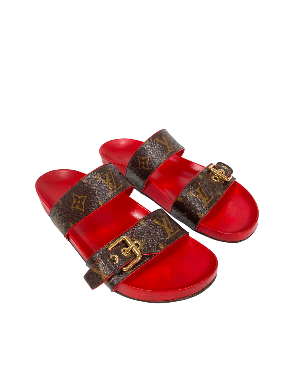 LOUIS VUITTON - BOM DIA MULES MONOGRAM & RED - SZ 38