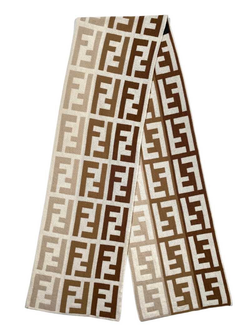 FENDI FF KNIT SCARF 100 WOOL CREAM BEIGE BROWN 166 x 25 CM RE.LUXE AU