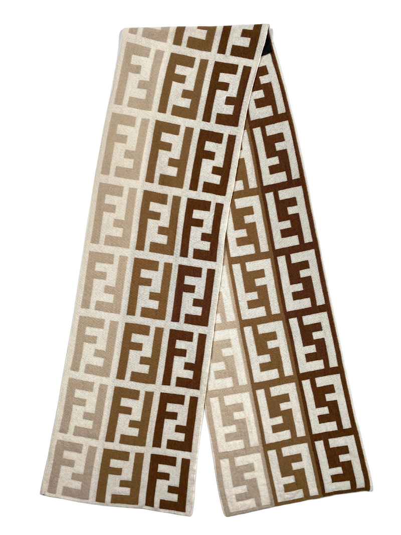 FENDI - FF KNIT SCARF 100% WOOL CREAM BEIGE BROWN - 166 x 25 CM