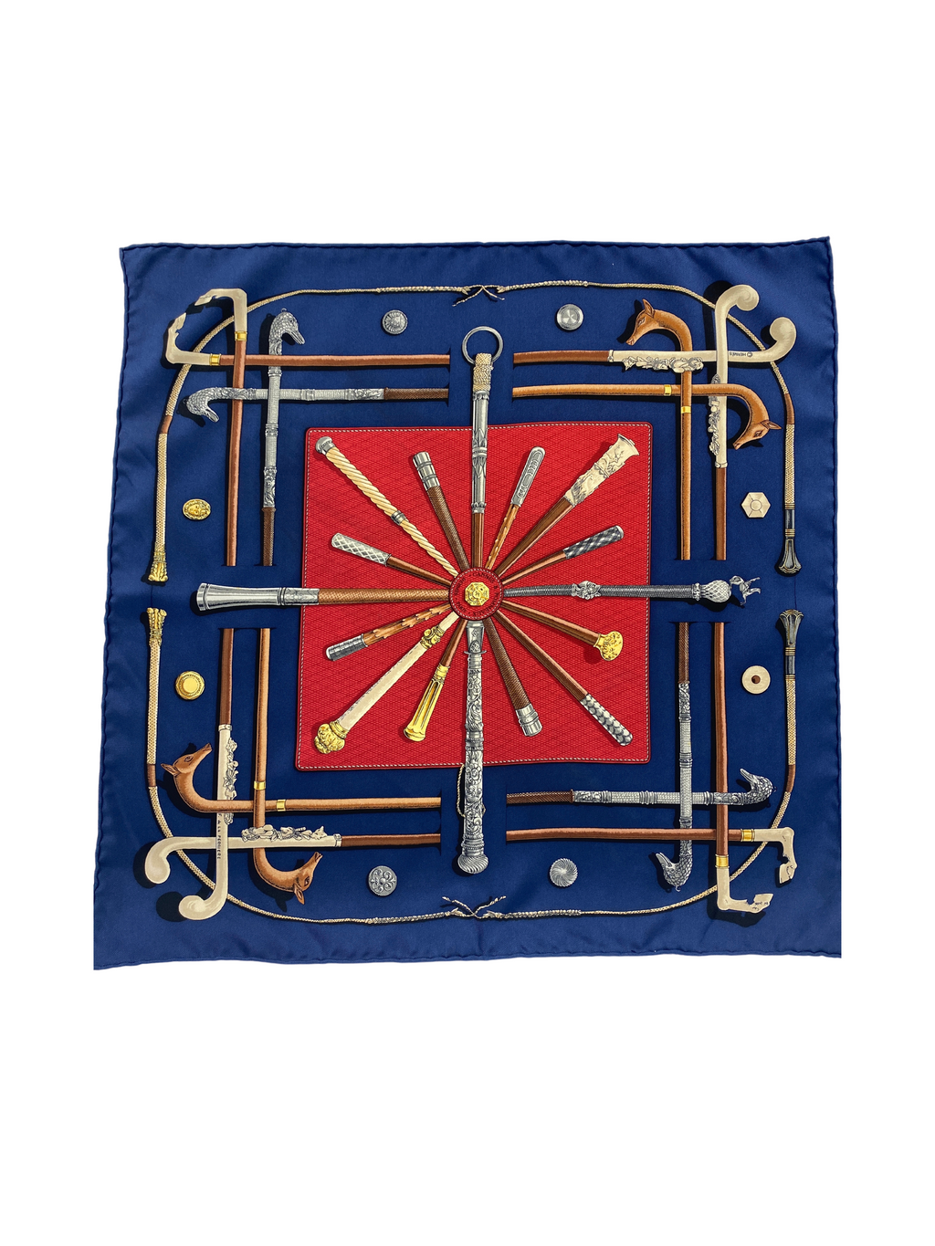 HERMES - CANNES ET POMMEAUX BLUE SQUARE SILK SCARF 42cm