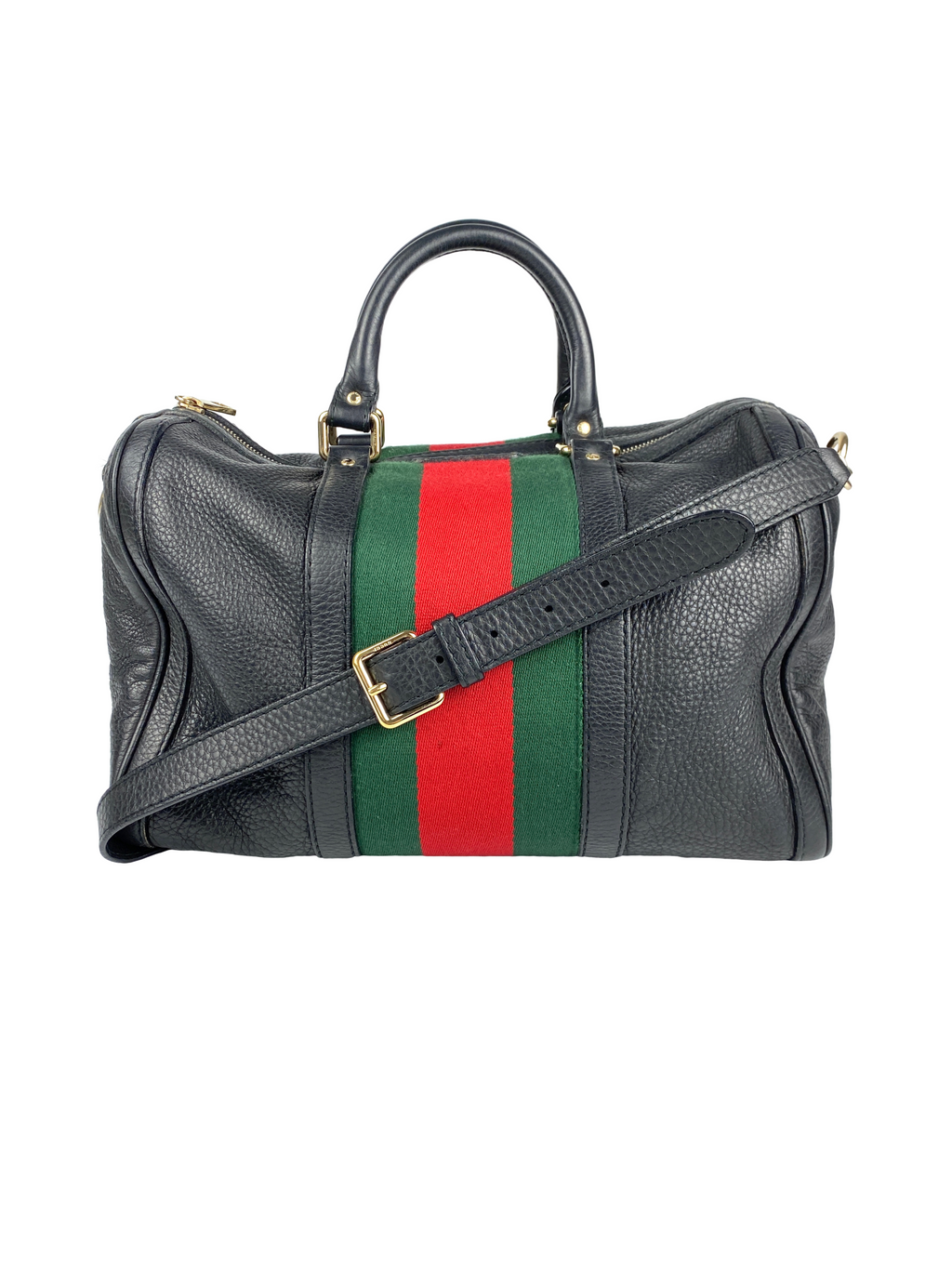 GUCCI - BLACK LEATHER WEB BOSTON BAG MEDIUM - VINTAGE