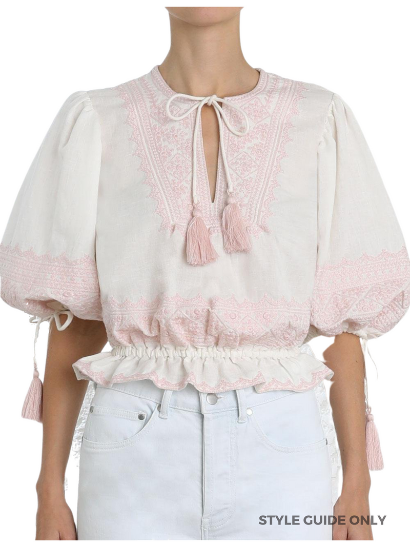 ZIMMERMANN - LEILA OFF WHITE EMBROIDERED COTTON AND LINEN BLOUSE - SZ 3 / 14 - NEW