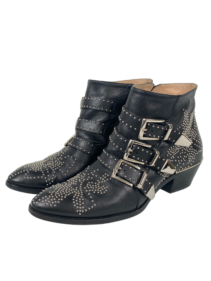 CHLOE - SUSANNA SILVER BLACK LEATHER ANKLE BOOTS - SZ EUR 38