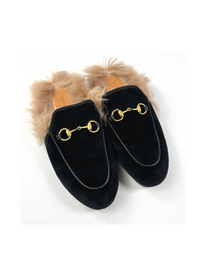 GUCCI - PRINCETOWN FUR-LINED BLACK VELVET SLIPPERS - SZ 37