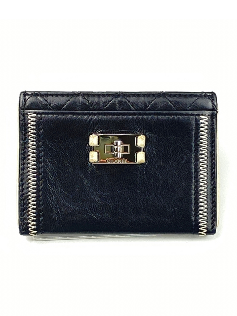 CHANEL BLACK LEATHER 2.55 CARD HOLDER WHITE TRIM RE.LUXE AU