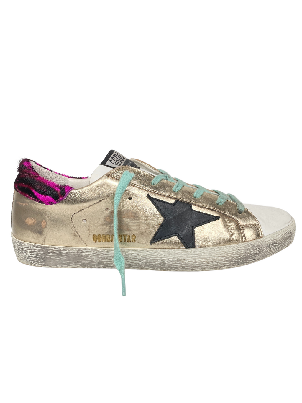 GOLDEN GOOSE - GOLD SUPERSTAR WITH ZEBRA PRINT HEEL TAB - SIZE 39