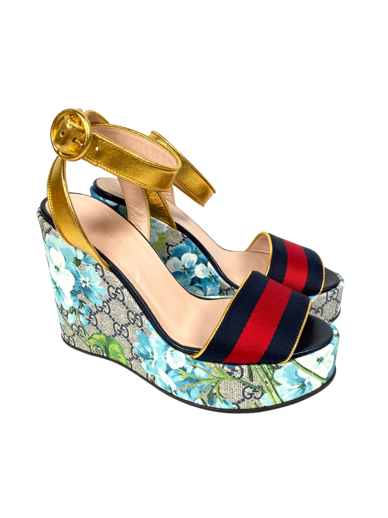 GUCCI - GG BLOOMS WEB WEDGE SANDALS - SZ 38.5