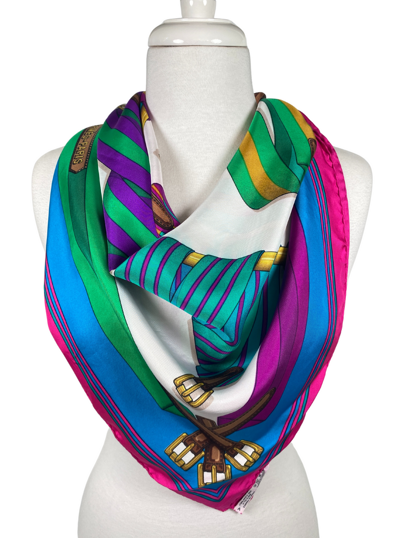 HERMES - J. METZ 'LES SANGLES' 100% SILK MULTICOLOUR SCARF - 87 X 87 CM