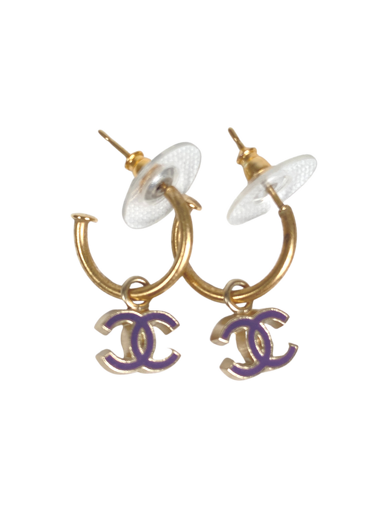 CHANEL - PURPLE ENAMEL XS CC CHARM HOOPS - VINTAGE