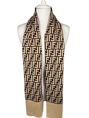 FENDI - BROWN BEIGE ZUCCA MONOGRAM LOGO SCARF WOOL - VINTAGE