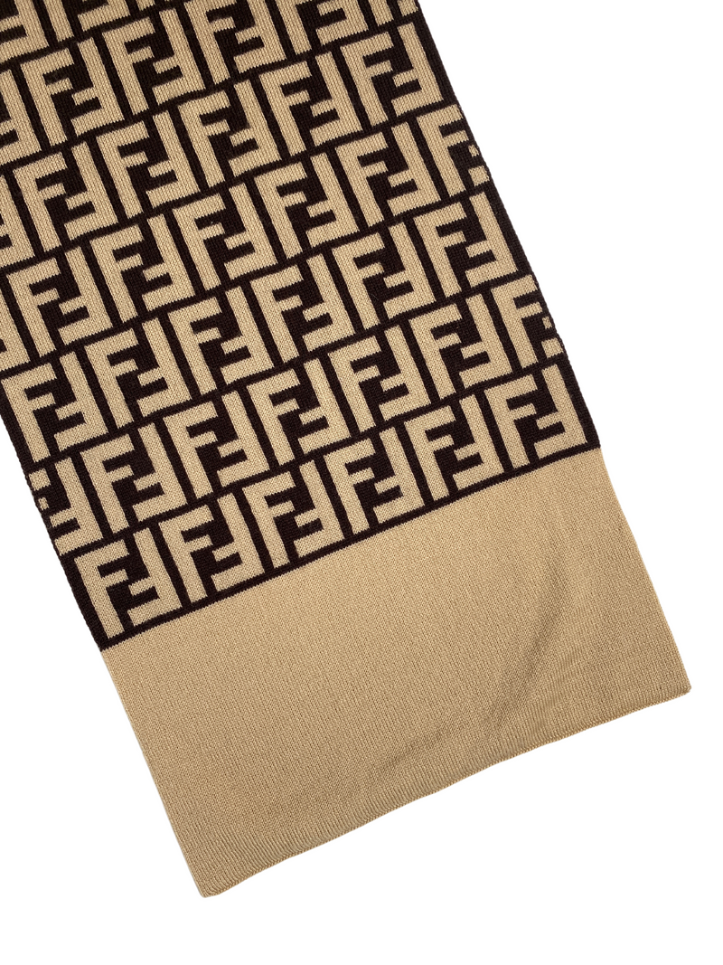 FENDI - BROWN BEIGE ZUCCA MONOGRAM LOGO SCARF WOOL - VINTAGE